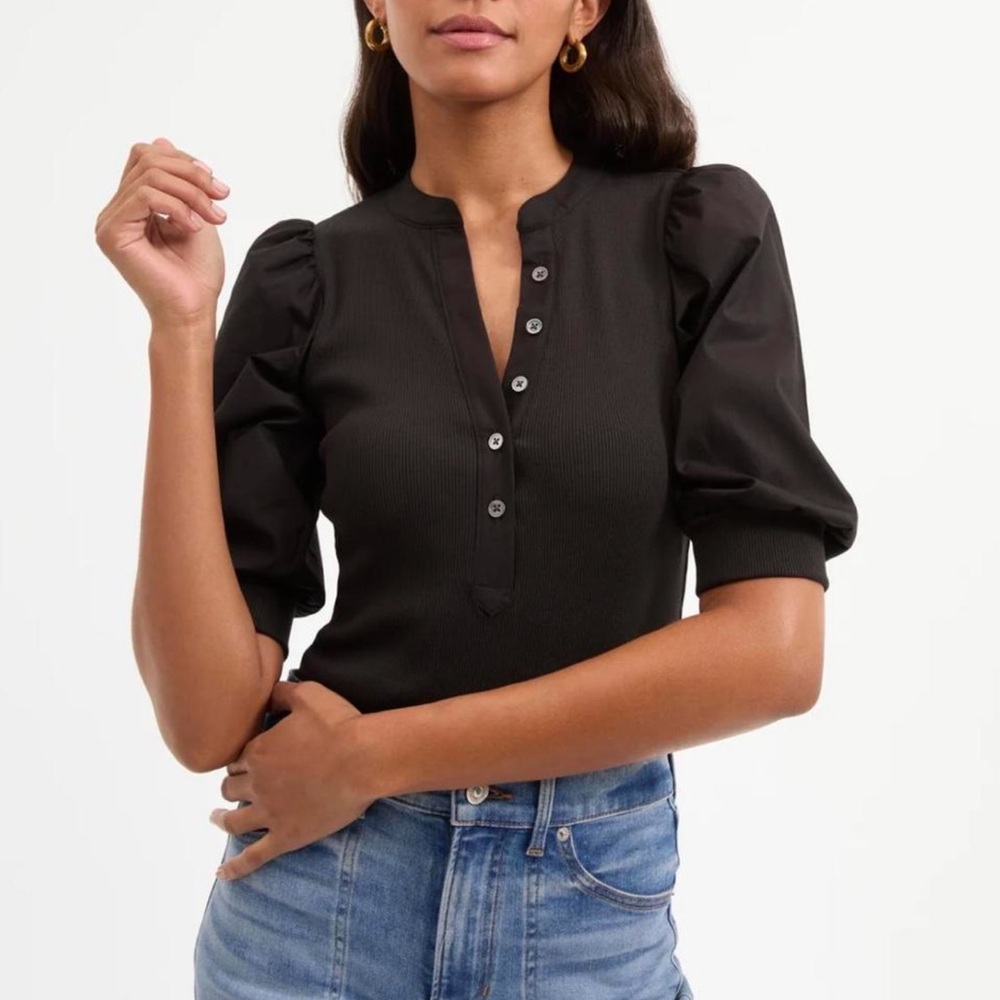 Veronica Beard Coralee Black Puff Sleeve Blouse